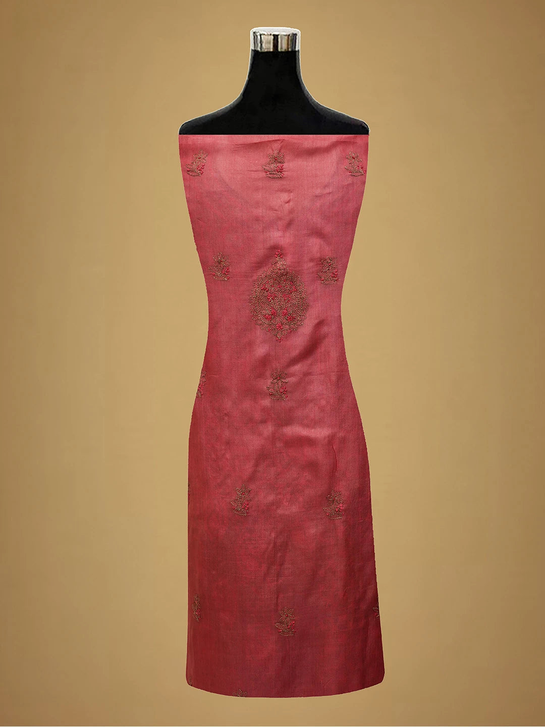 Ada Hand Embroidered Carrot Pink Silk Lucknowi Chikankari Unstitched Suit Piece 01A691859