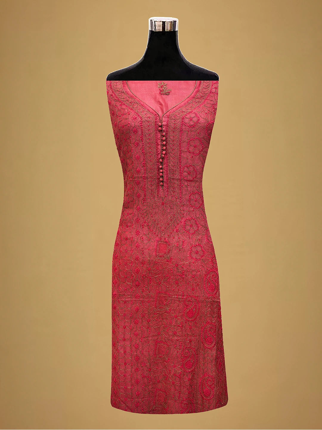 Ada Hand Embroidered Carrot Pink Silk Lucknowi Chikankari Unstitched Suit Piece 01A691859