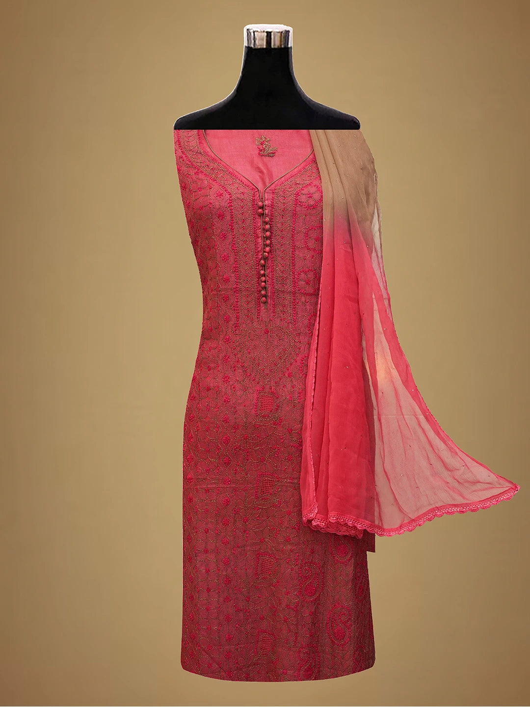 Ada Hand Embroidered Carrot Pink Silk Lucknowi Chikankari Unstitched Suit Piece 01A691859