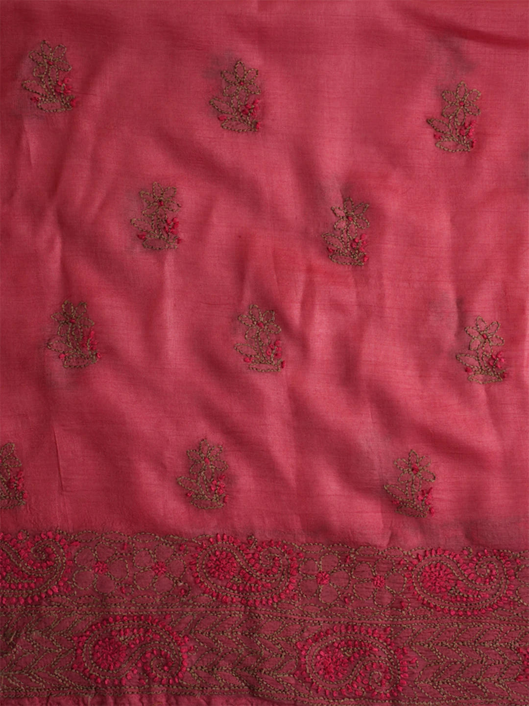 Ada Hand Embroidered Carrot Pink Silk Lucknowi Chikankari Unstitched Suit Piece 01A691859