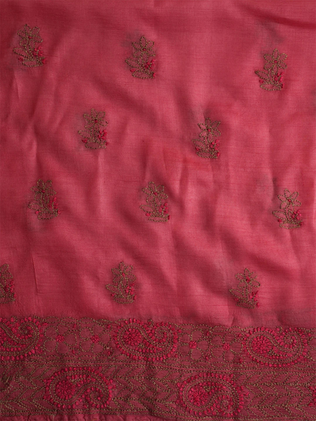 Ada Hand Embroidered Carrot Pink Silk Lucknowi Chikankari Unstitched Suit Piece 01A691859