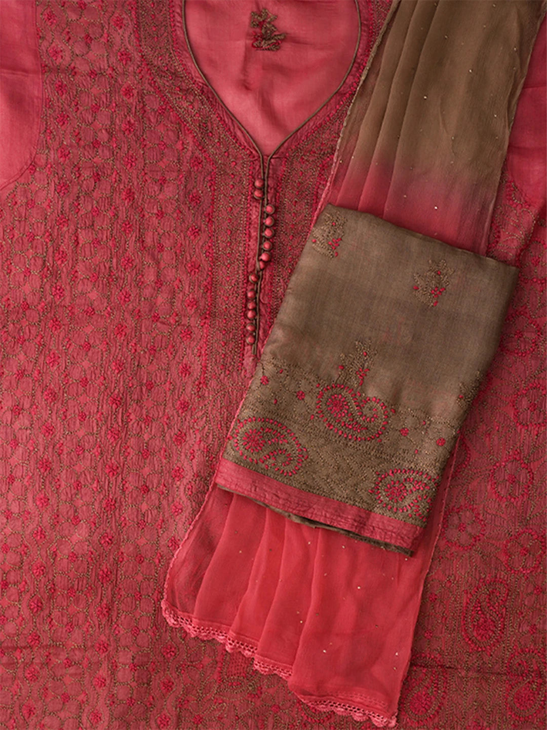 Ada Hand Embroidered Carrot Pink Silk Lucknowi Chikankari Unstitched Suit Piece 01A691859