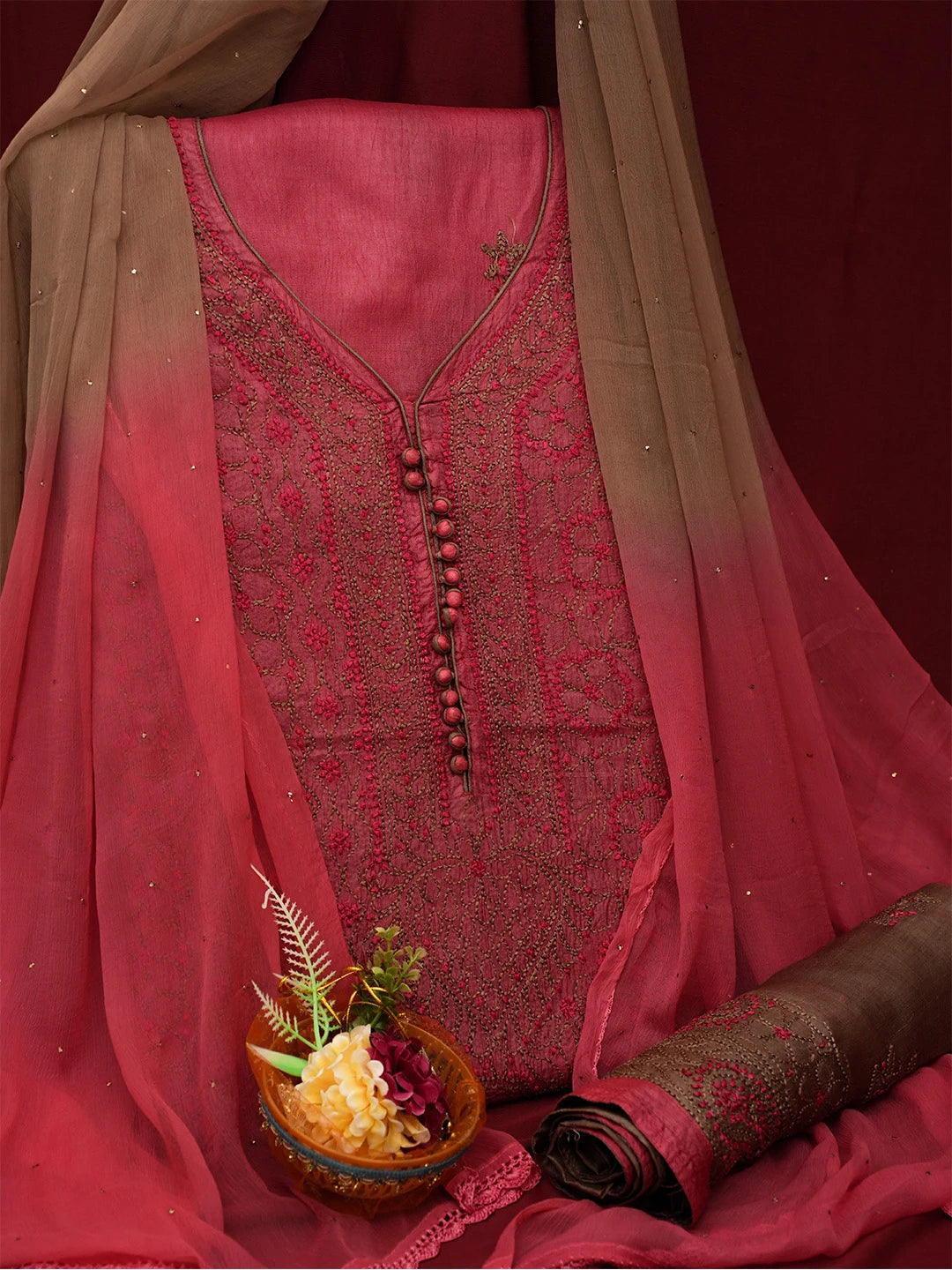 Ada Hand Embroidered Carrot Pink Silk Lucknowi Chikankari Unstitched Suit Piece 01A691859
