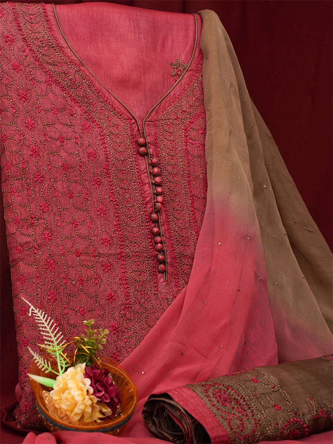 Ada Hand Embroidered Carrot Pink Silk Lucknowi Chikankari Unstitched Suit Piece 01A691859