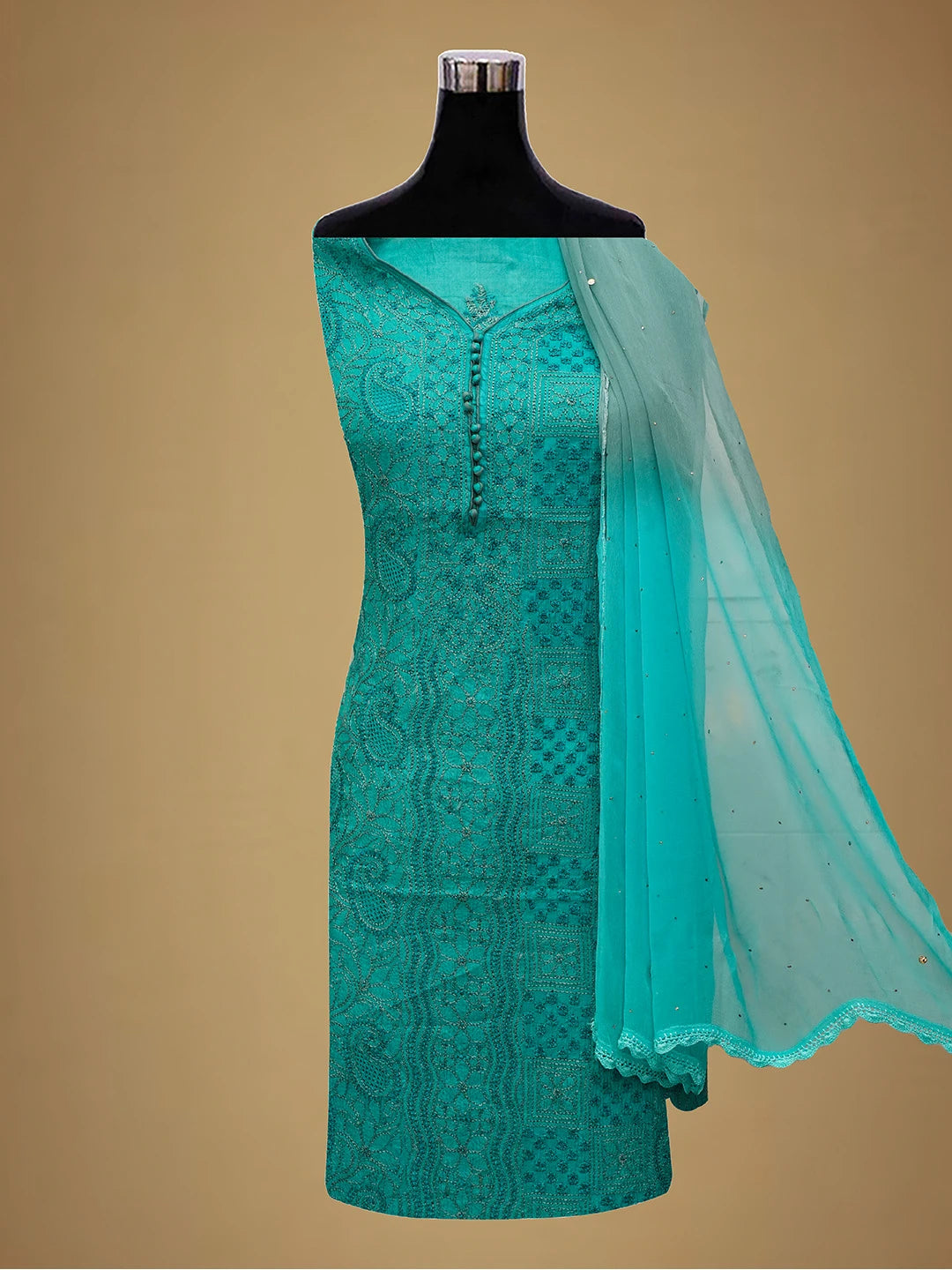 Ada Hand Embroidered Blue Silk Lucknowi Chikankari Unstitched Suit Piece 01A691899