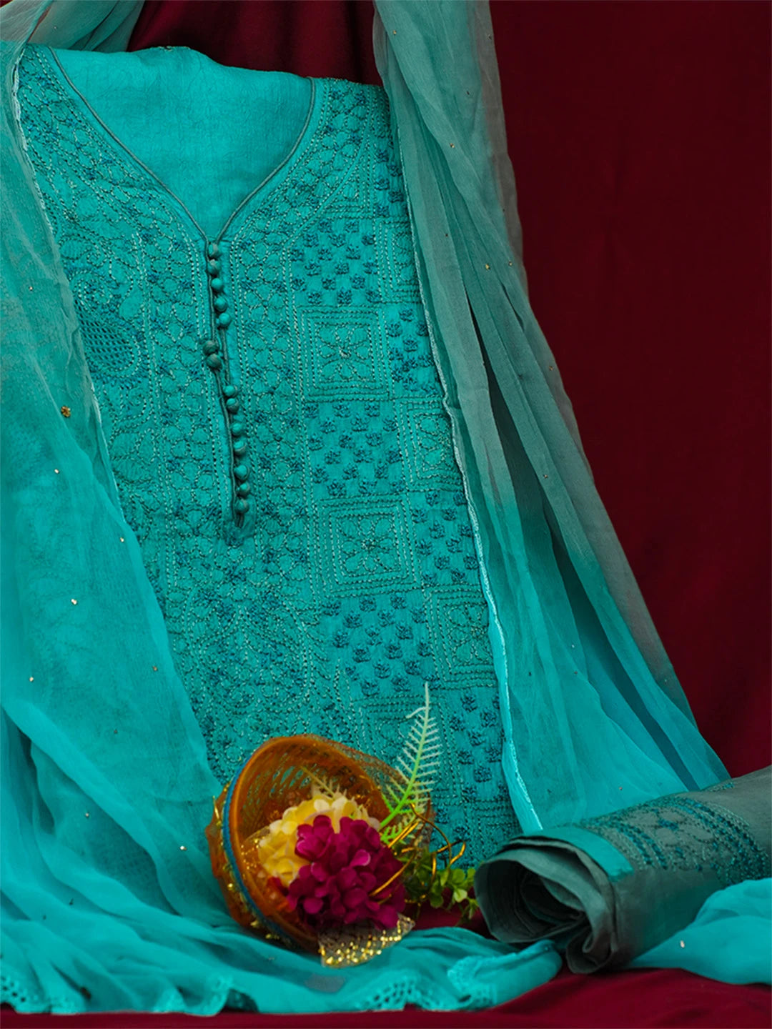 Ada Hand Embroidered Blue Silk Lucknowi Chikankari Unstitched Suit Piece 01A691899