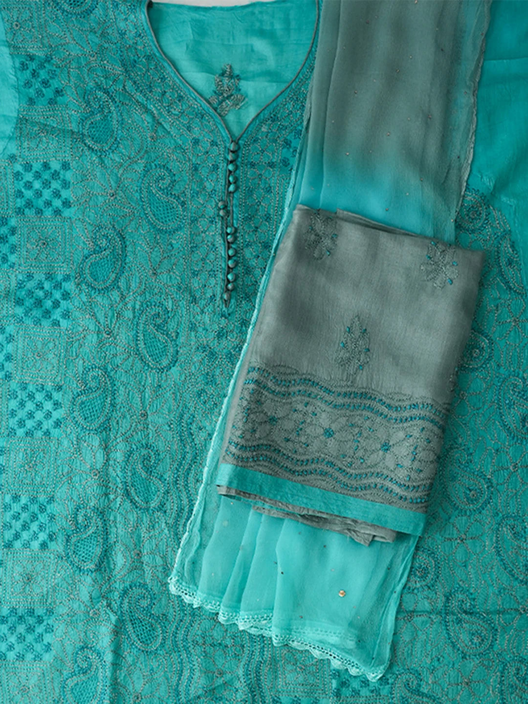 Ada Hand Embroidered Blue Silk Lucknowi Chikankari Unstitched Suit Piece 01A691899