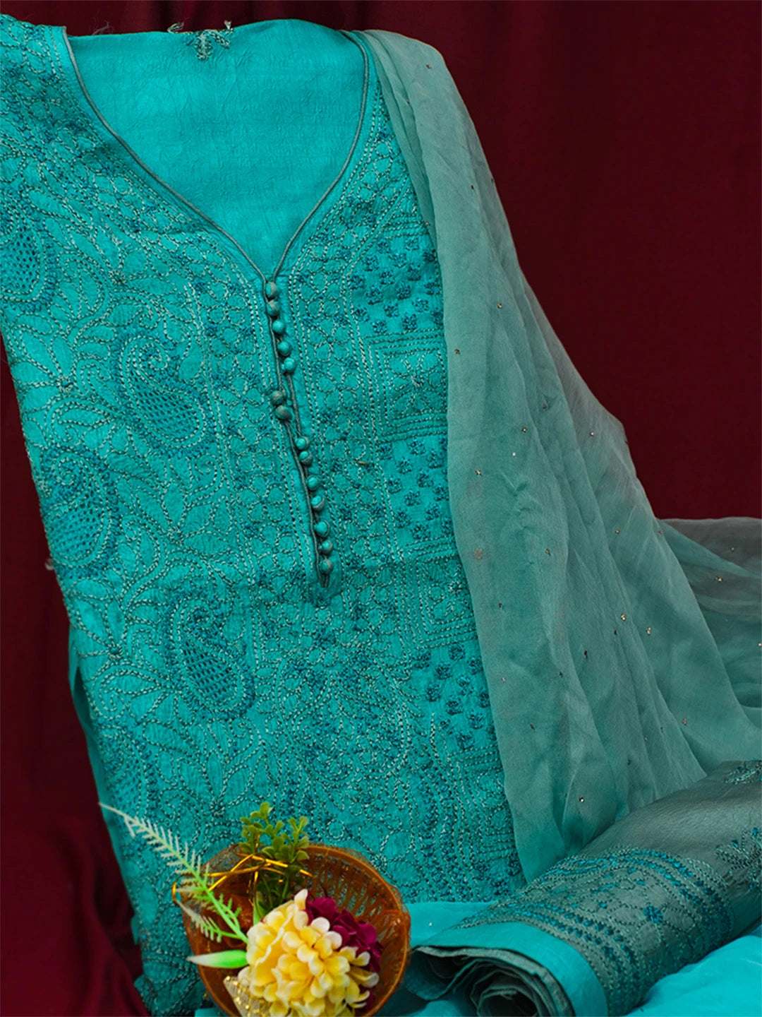 Ada Hand Embroidered Blue Silk Lucknowi Chikankari Unstitched Suit Piece 01A691899