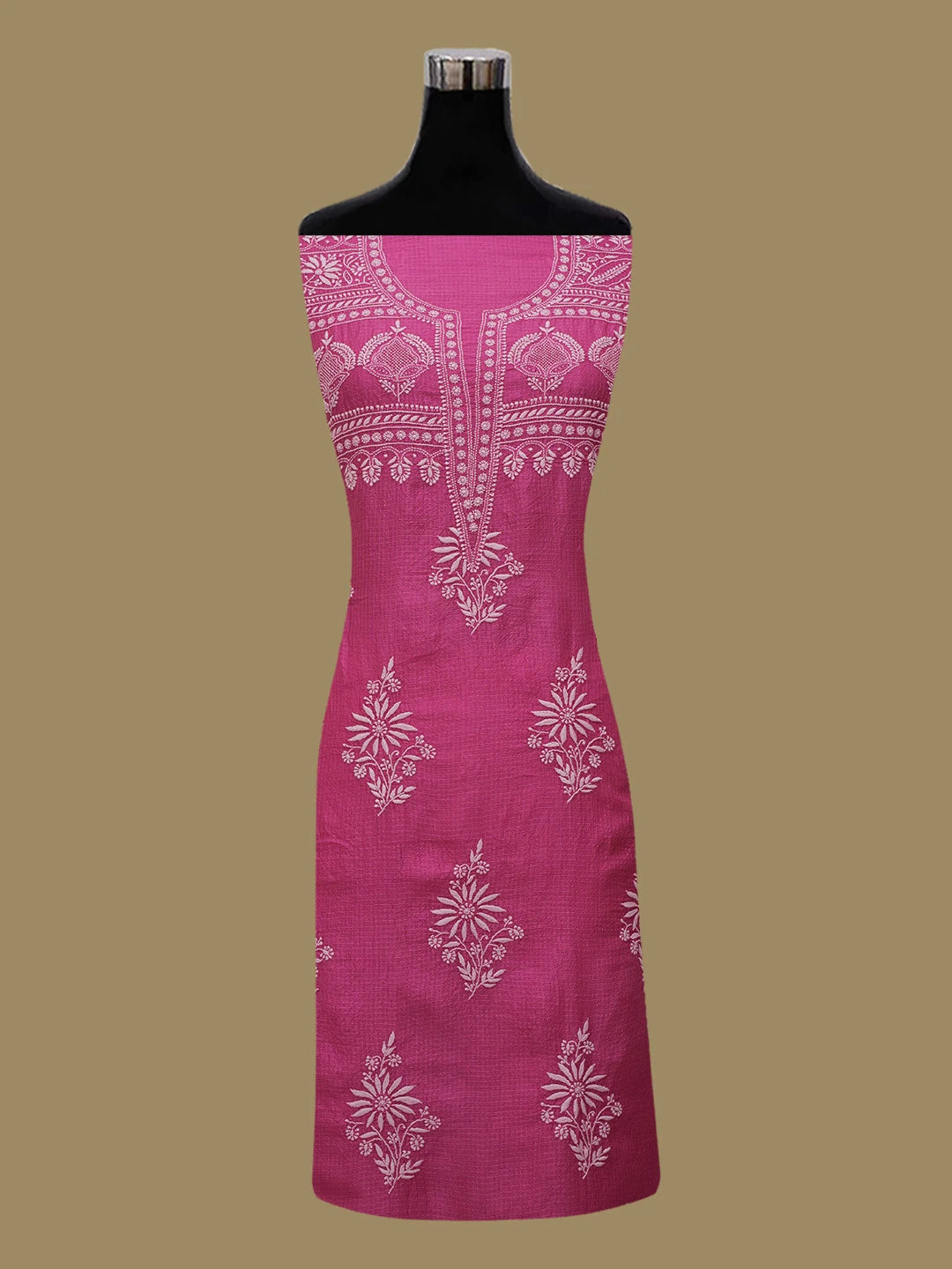 Ada Hand Embroidered Magenta Kota Silk Lucknowi Chikankari Unstitched Kurta Dupatta Set 01A662222