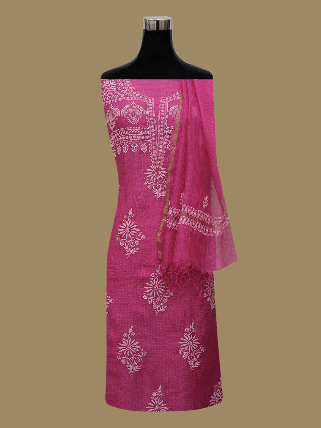 Ada Hand Embroidered Magenta Kota Silk Lucknowi Chikankari Unstitched Kurta Dupatta Set 01A662222