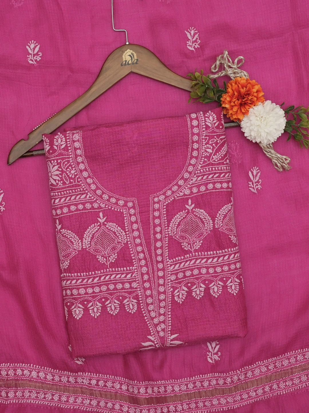 Ada Hand Embroidered Magenta Kota Silk Lucknowi Chikankari Unstitched Kurta Dupatta Set 01A662222