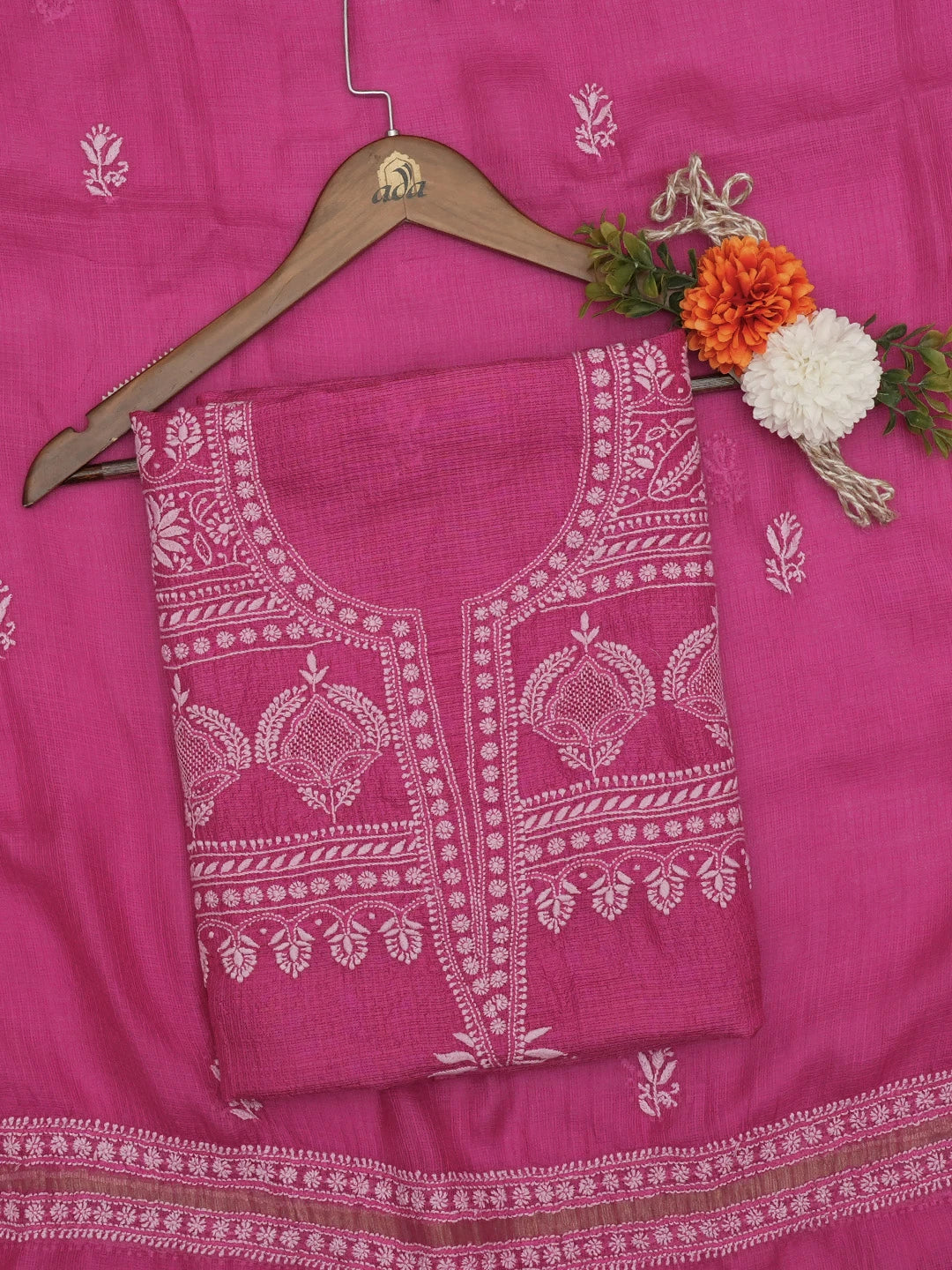 Ada Hand Embroidered Magenta Kota Silk Lucknowi Chikankari Unstitched Kurta Dupatta Set 01A662222