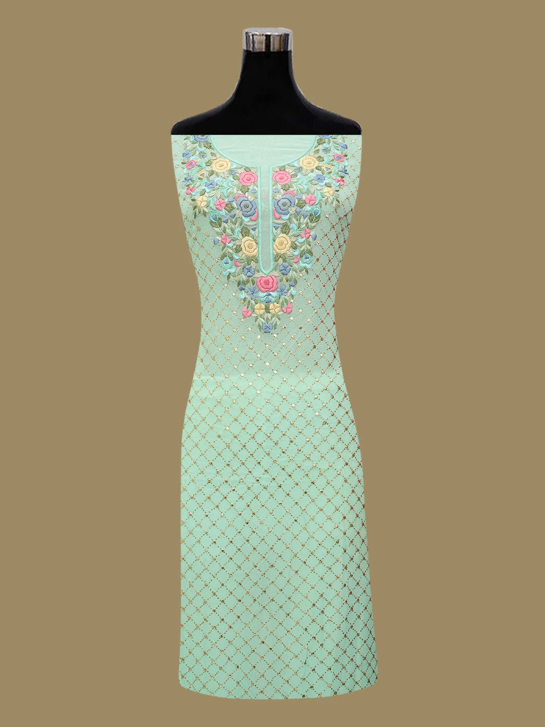 Ada Hand Embroidered Sea Green Viscose Georgette Lucknowi Chikankari Unstitched Kurta Dupatta Set With Parsi Work 01A622959