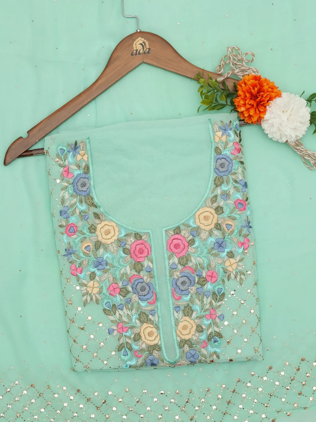 Ada Hand Embroidered Sea Green Viscose Georgette Lucknowi Chikankari Unstitched Kurta Dupatta Set With Parsi Work 01A622959