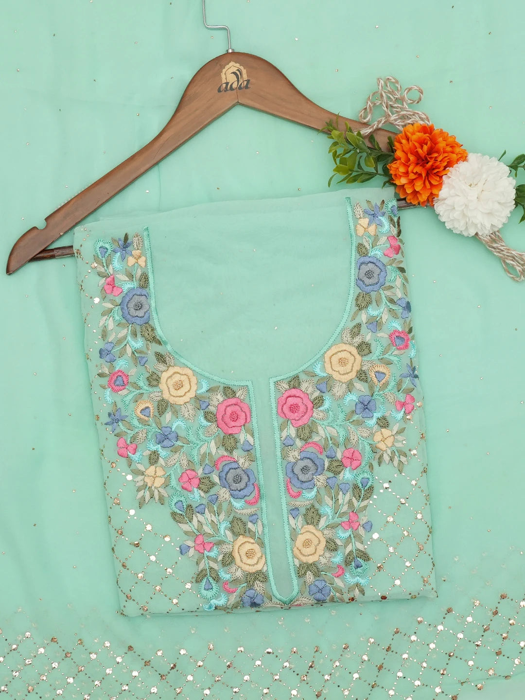 Ada Hand Embroidered Sea Green Viscose Georgette Lucknowi Chikankari Unstitched Kurta Dupatta Set With Parsi Work 01A622959