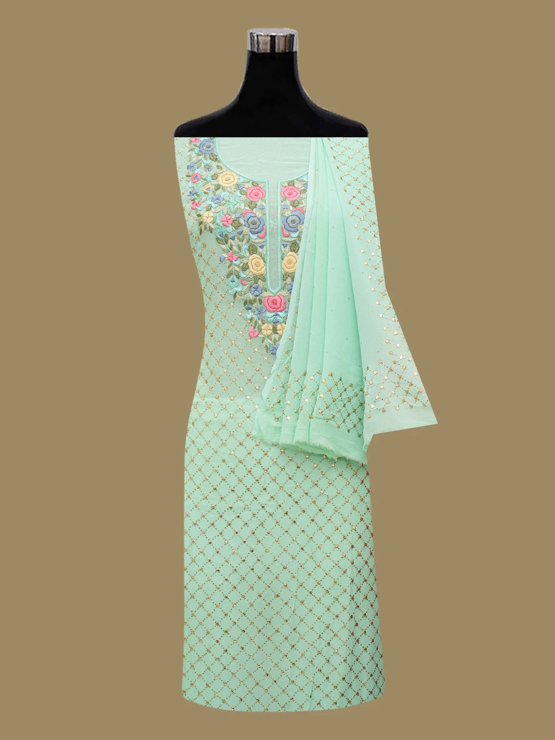 Ada Hand Embroidered Sea Green Viscose Georgette Lucknowi Chikankari Unstitched Kurta Dupatta Set With Parsi Work 01A622959