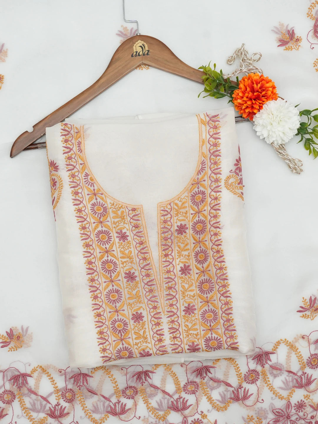 Ada Hand Embroidered Off White Organza Lucknowi Chikankari Unstitched Kurta Dupatta Set 01A681930