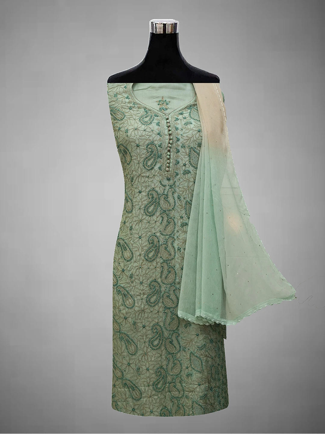 Ada Hand Embroidered Pista Green Silk Lucknowi Chikankari Unstitched Suit Piece 01A691862