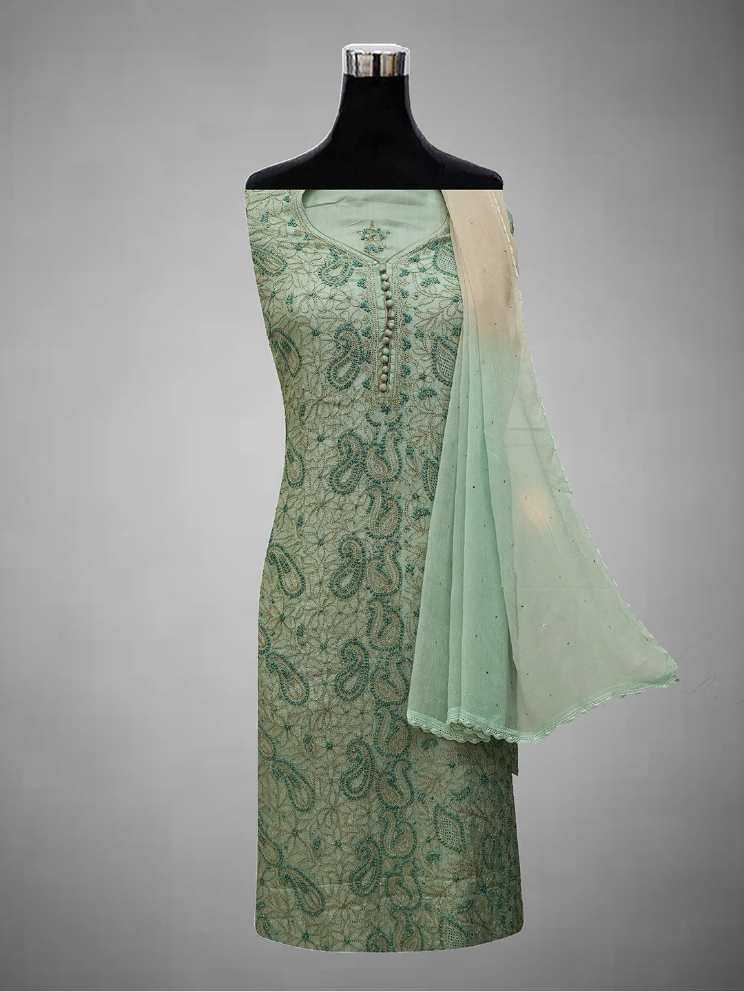 Ada Hand Embroidered Pista Green Silk Lucknowi Chikankari Unstitched Suit Piece 01A691862