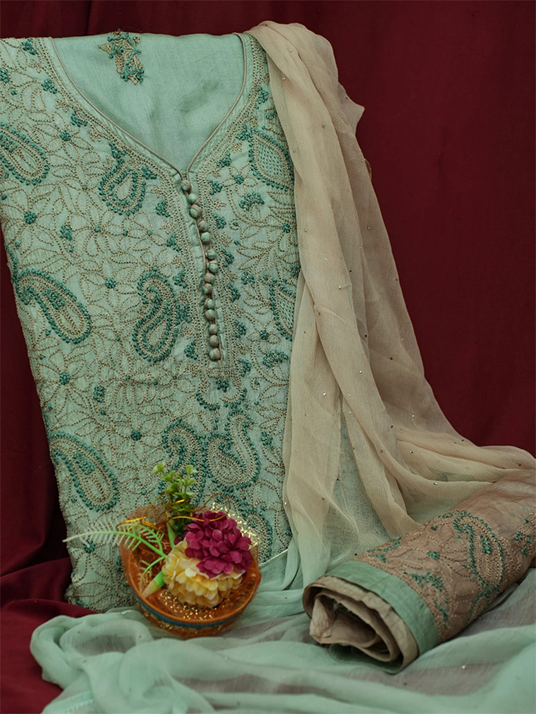 Ada Hand Embroidered Pista Green Silk Lucknowi Chikankari Unstitched Suit Piece 01A691862