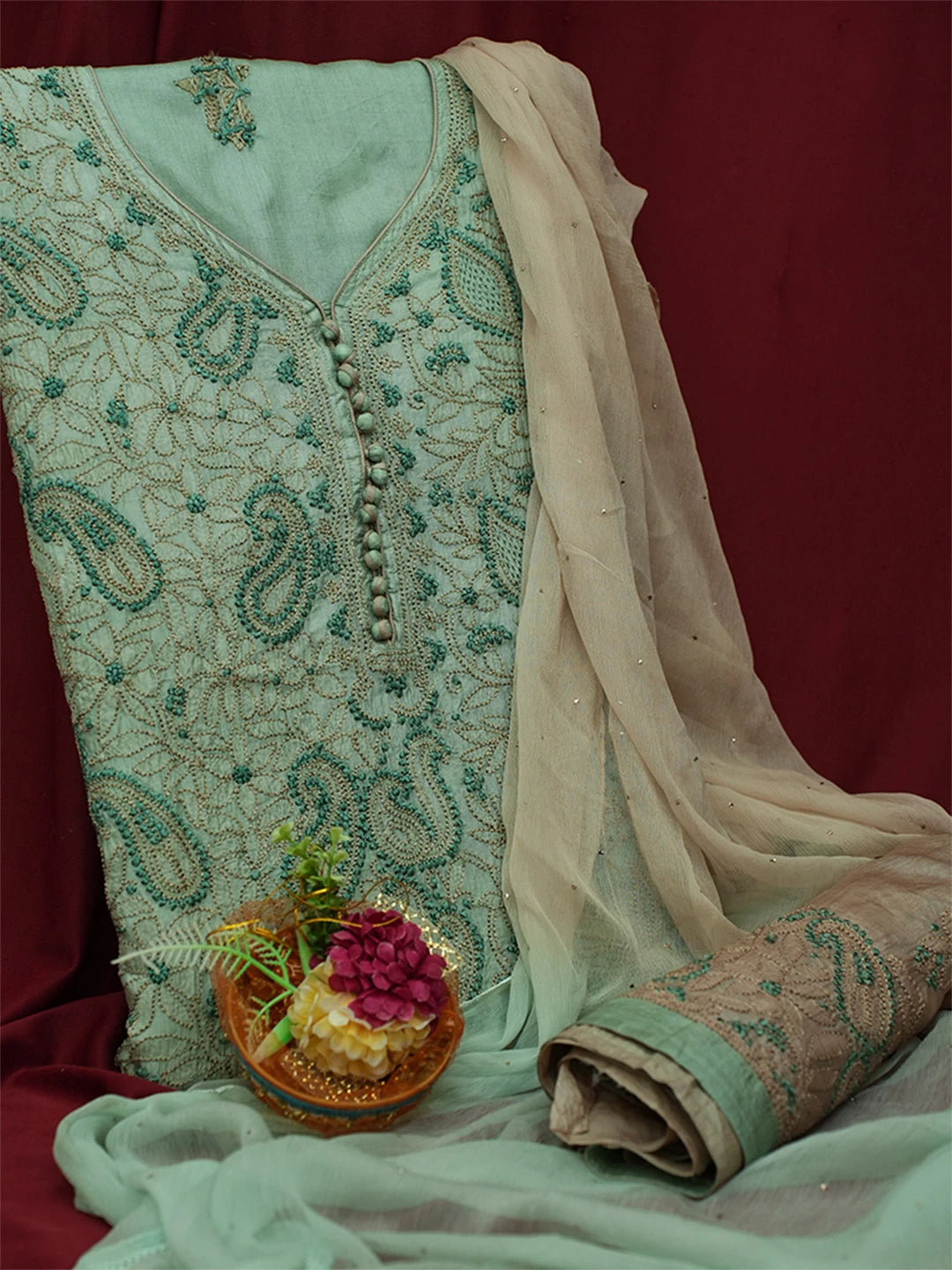 Ada Hand Embroidered Pista Green Silk Lucknowi Chikankari Unstitched Suit Piece 01A691862
