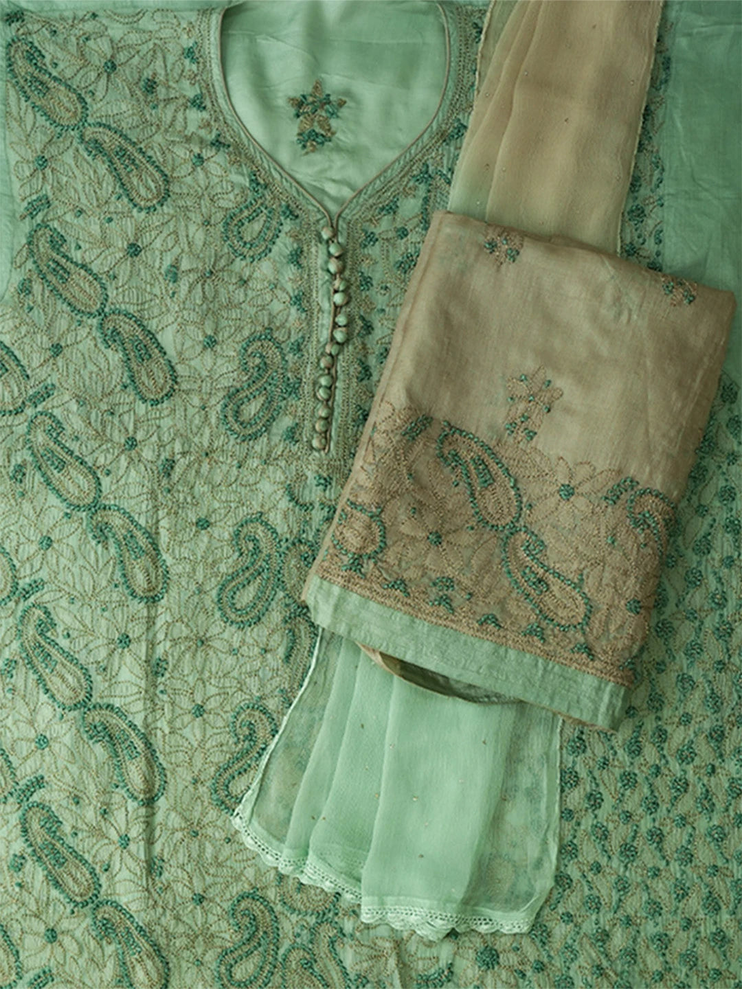 Ada Hand Embroidered Pista Green Silk Lucknowi Chikankari Unstitched Suit Piece 01A691862