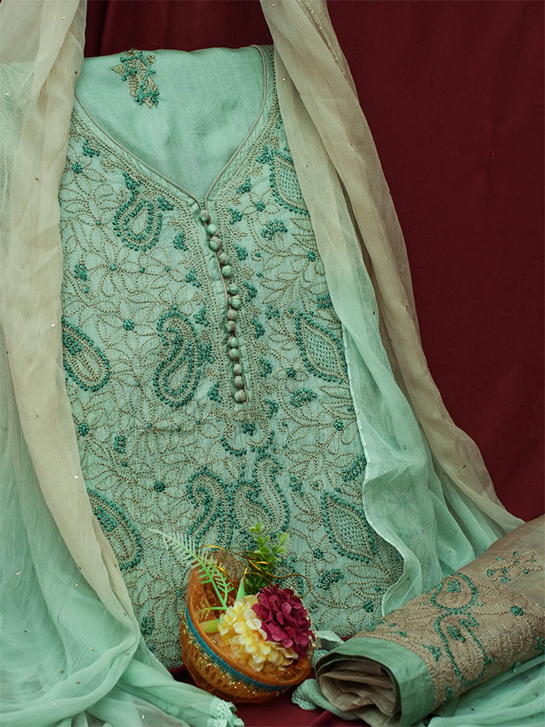 Ada Hand Embroidered Pista Green Silk Lucknowi Chikankari Unstitched Suit Piece 01A691862