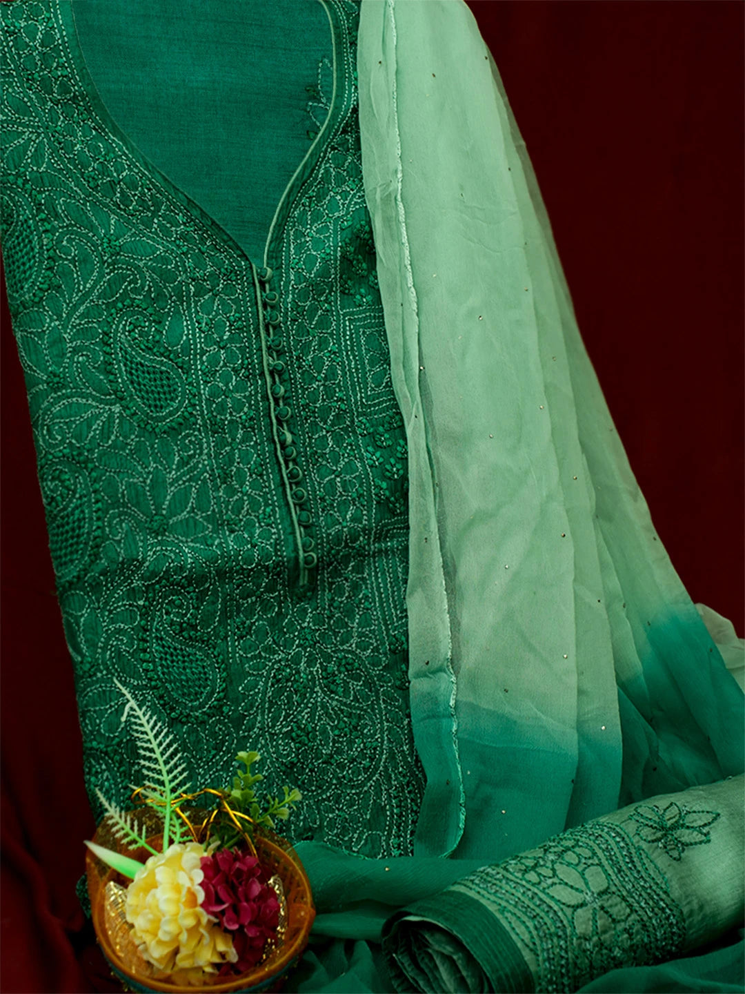 Ada Hand Embroidered Green Silk Lucknowi Chikankari Unstitched Suit Piece 01A691879