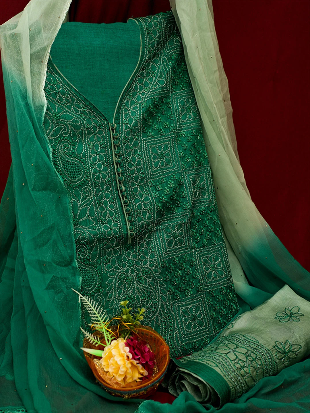 Ada Hand Embroidered Green Silk Lucknowi Chikankari Unstitched Suit Piece 01A691879