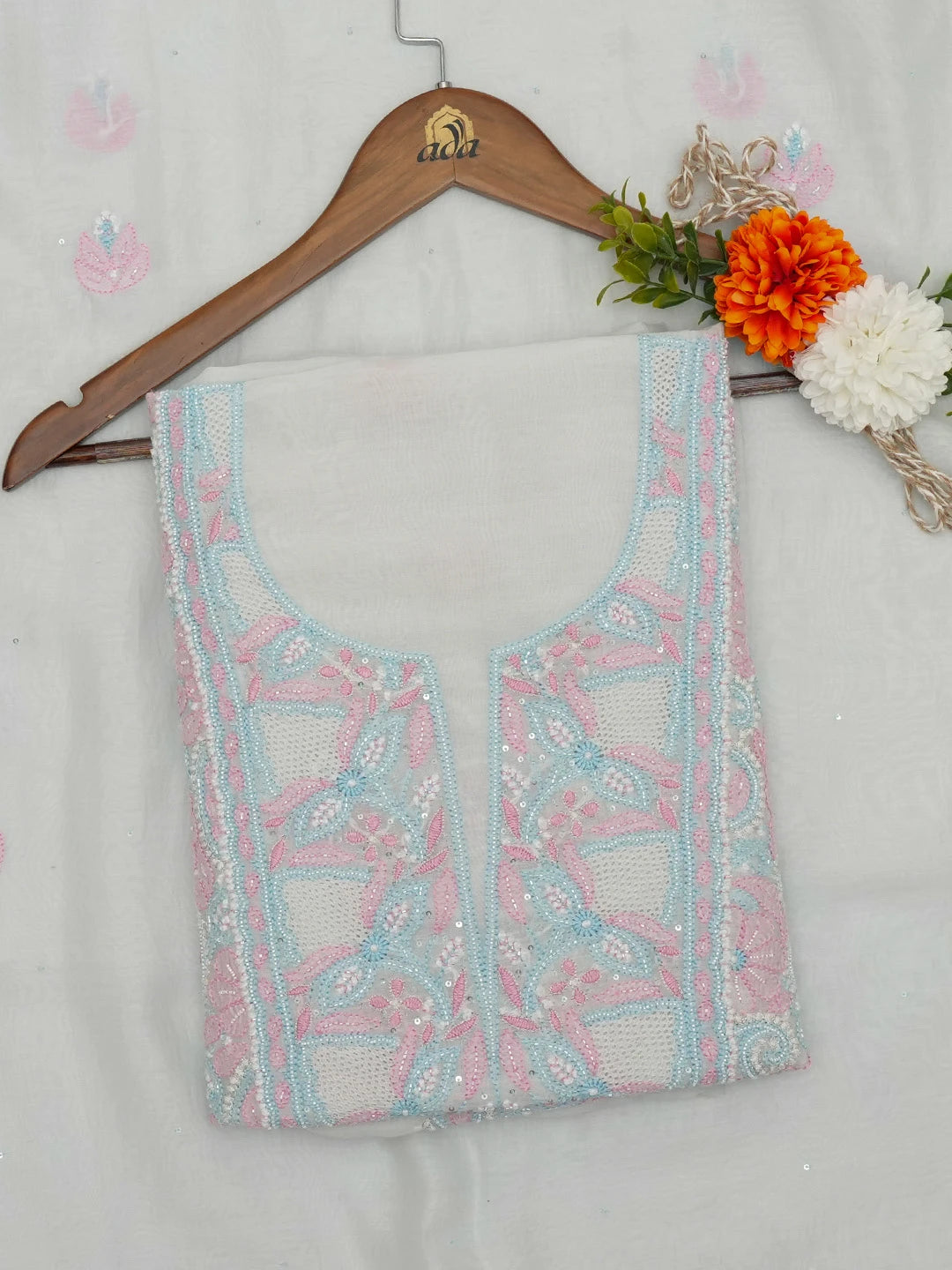 Ada Hand Embroidered Alice Blue Chanderi Lucknowi Chikankari Unstitched Kurta Dupatta Set With Cutdana Work 01A610199