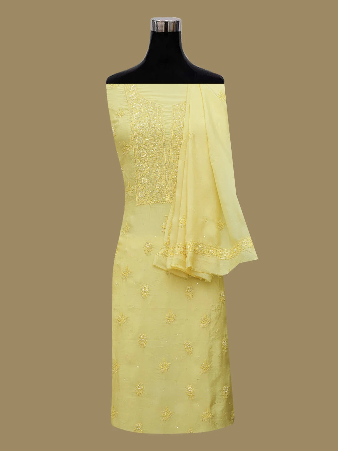 Ada Hand Embroidered Lime Green Muslin Lucknowi Chikankari Unstitched Kurta Dupatta Set With Cutdana Work 01A496716
