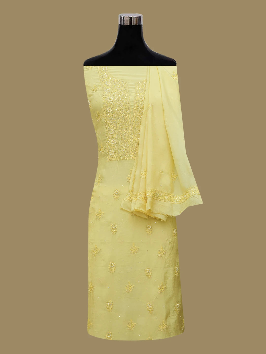 Ada Hand Embroidered Lime Green Muslin Lucknowi Chikankari Unstitched Kurta Dupatta Set With Cutdana Work 01A496716