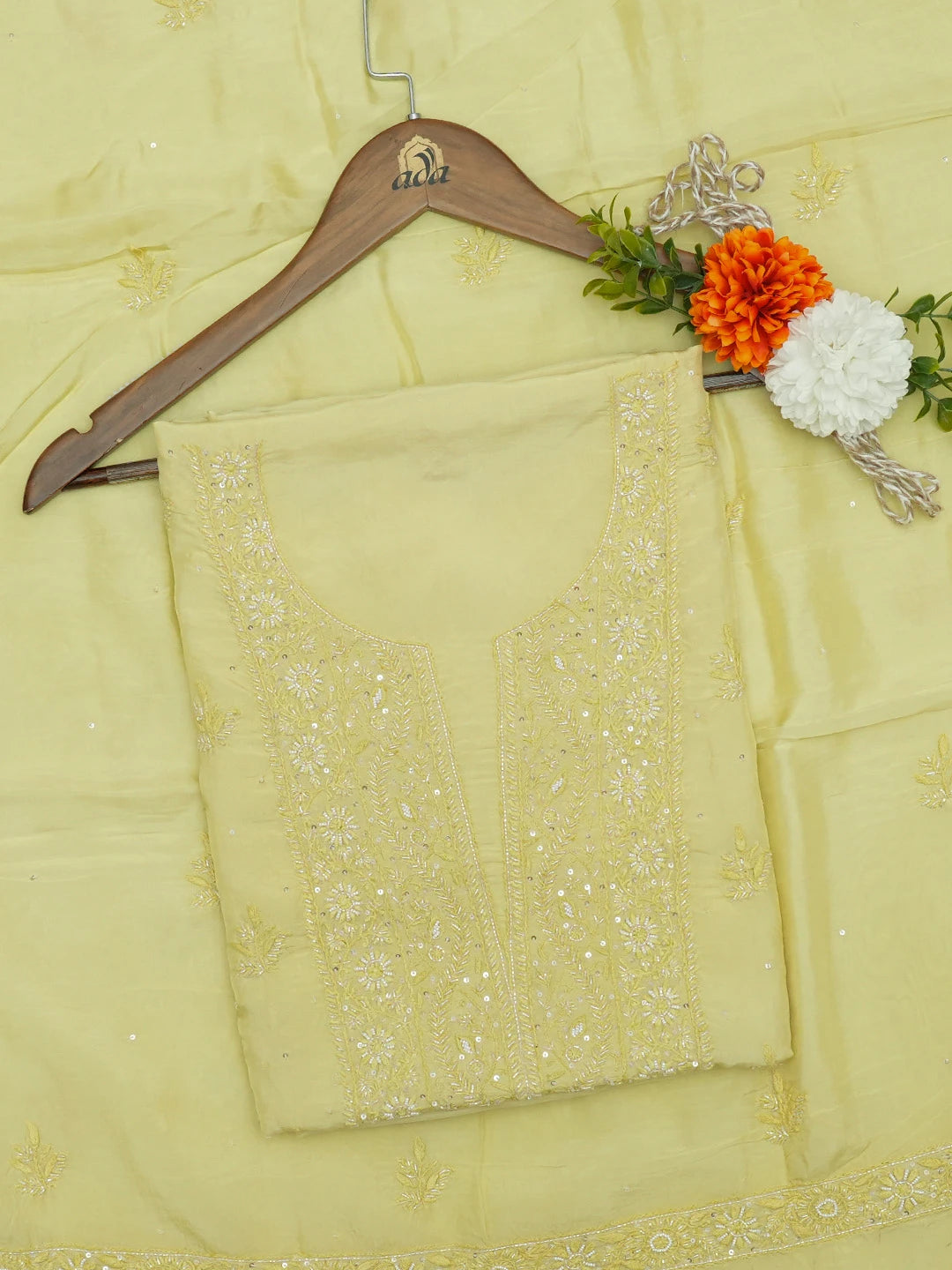 Ada Hand Embroidered Lime Green Muslin Lucknowi Chikankari Unstitched Kurta Dupatta Set With Cutdana Work 01A496716
