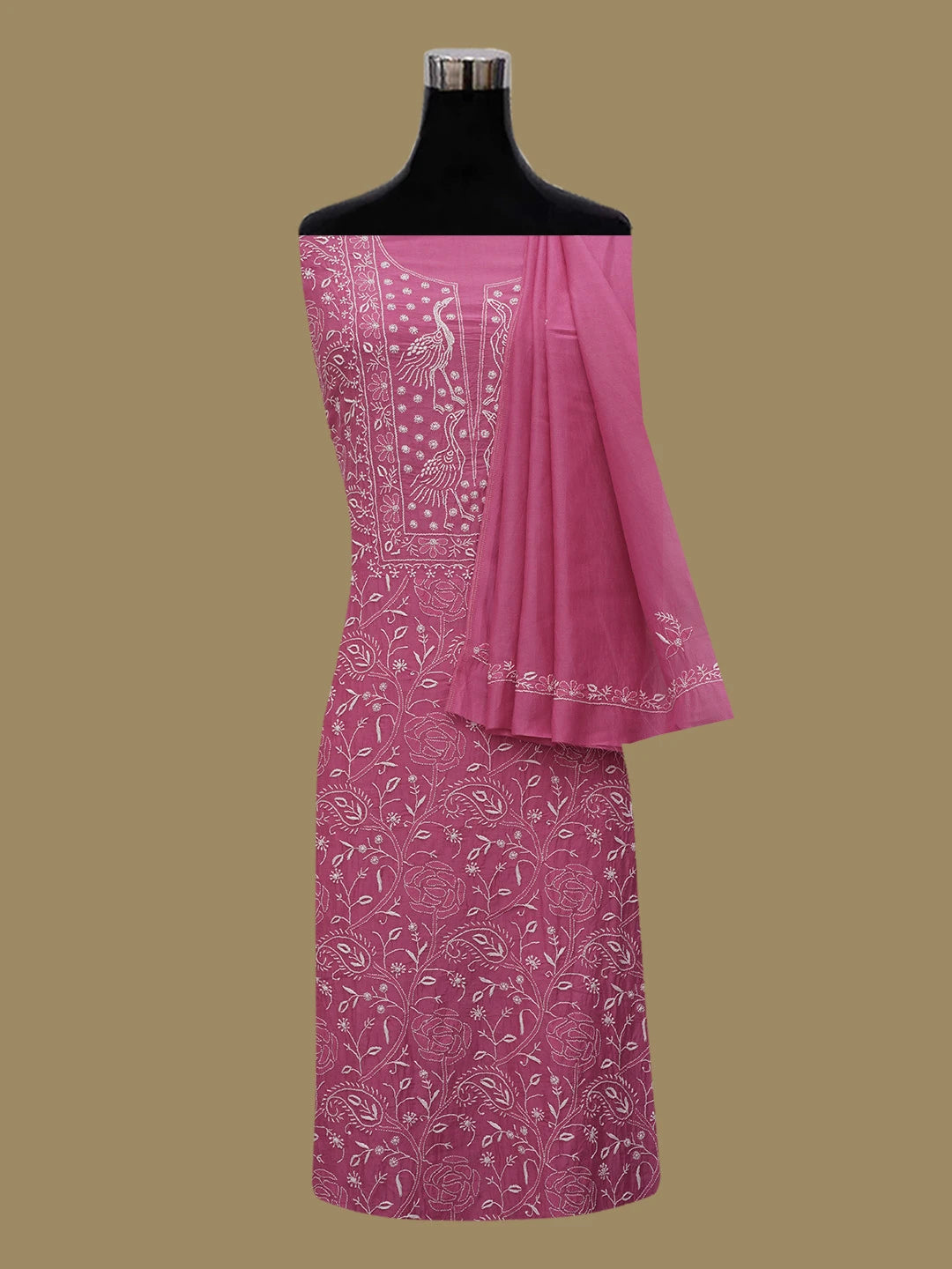 Ada Hand Embroidered Pink Muslin Lucknowi Chikankari Unstitched Kurta Dupatta Set 01A643190