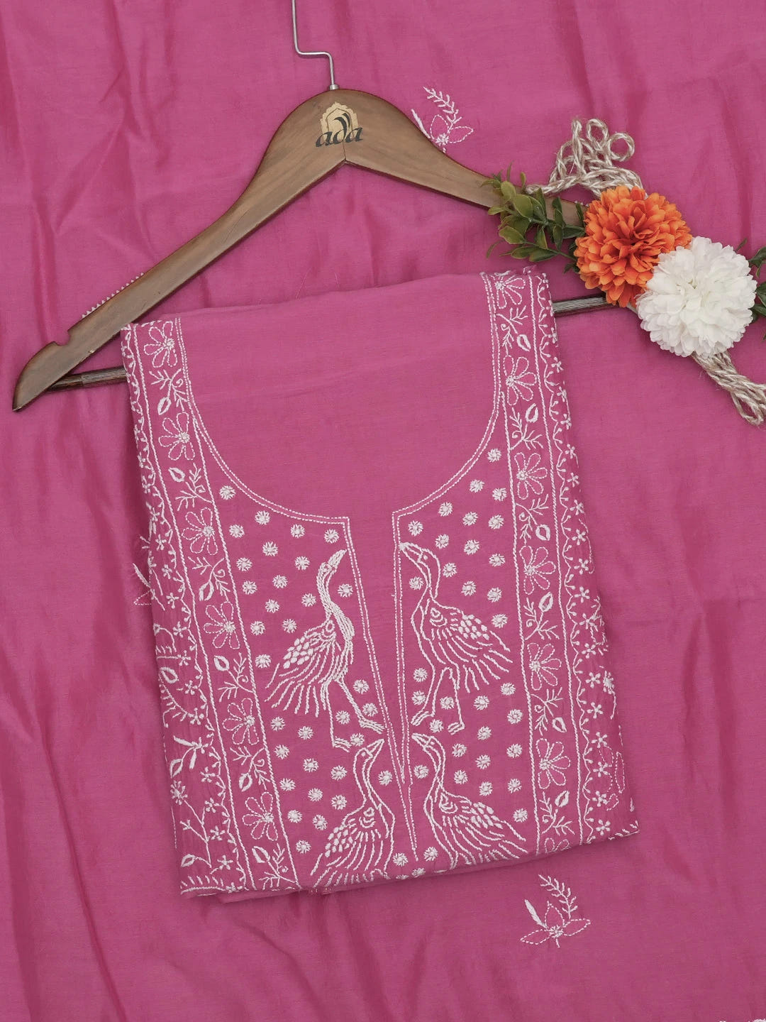 Ada Hand Embroidered Pink Muslin Lucknowi Chikankari Unstitched Kurta Dupatta Set 01A643190