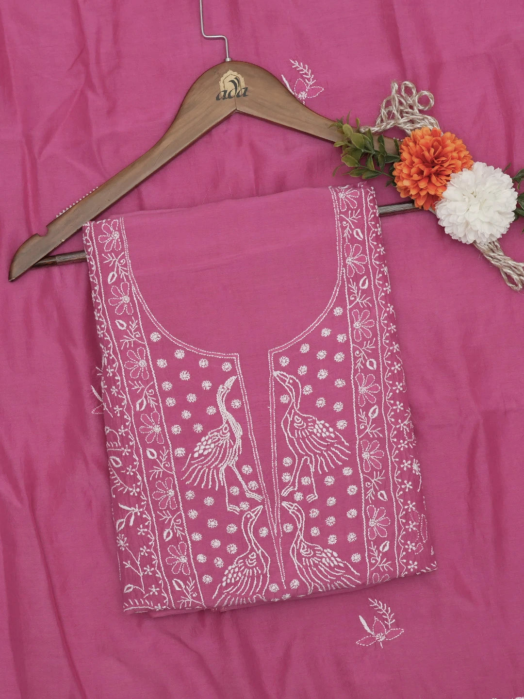Ada Hand Embroidered Pink Muslin Lucknowi Chikankari Unstitched Kurta Dupatta Set 01A643190