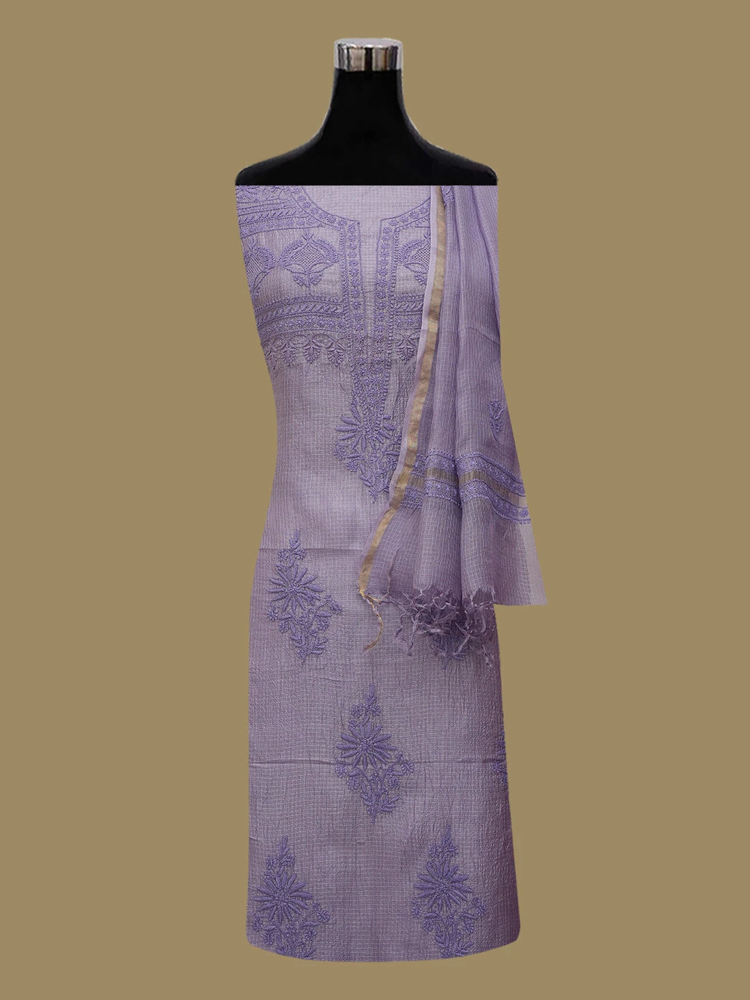 Ada Hand Embroidere Mauve Kota Silk Lucknowi Chikankari Unstitched Kurta Dupatta Set 01A664933