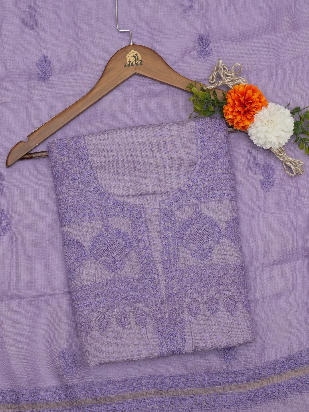 Ada Hand Embroidere Mauve Kota Silk Lucknowi Chikankari Unstitched Kurta Dupatta Set 01A664933