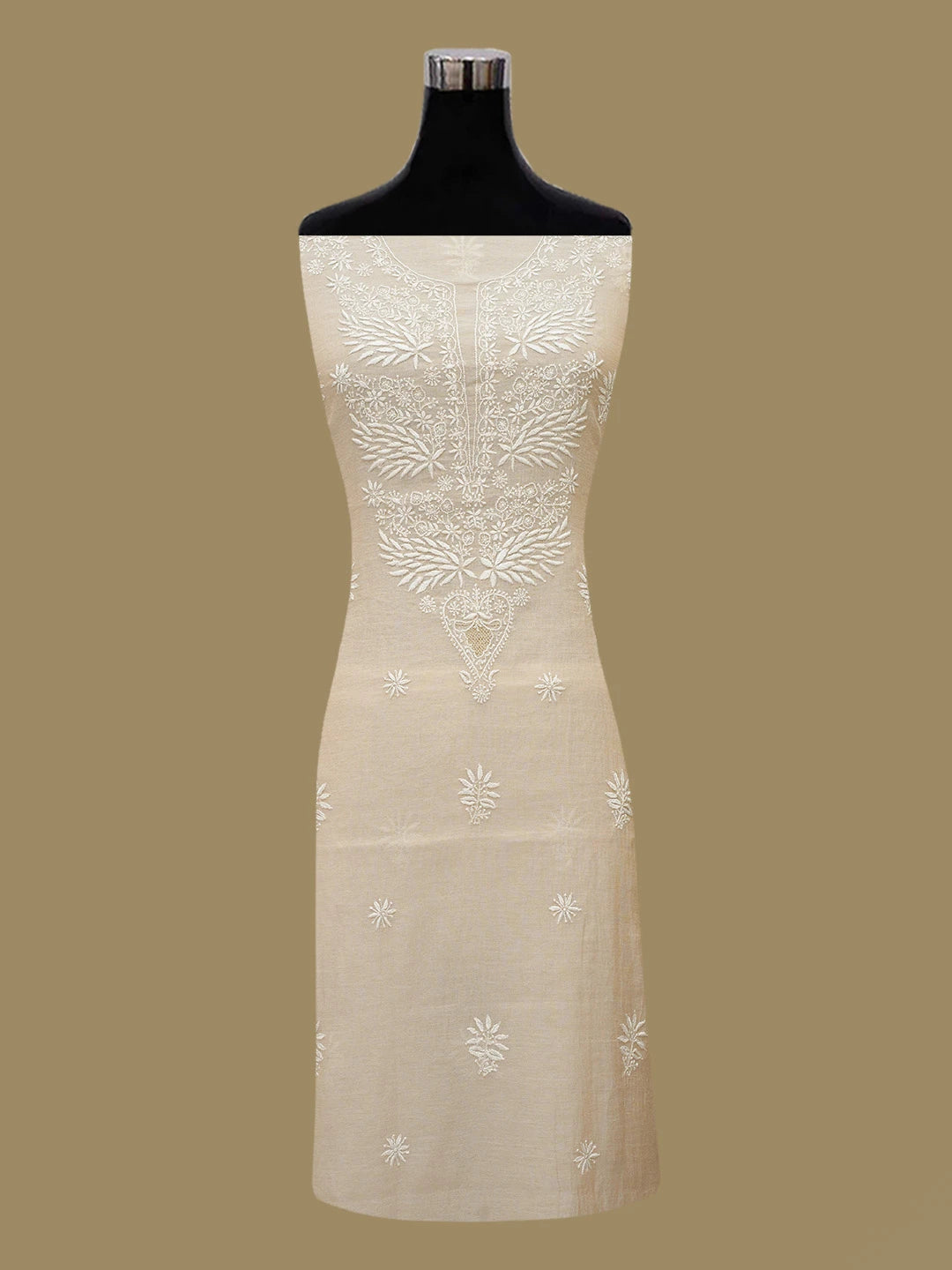 Ada Hand Embroidered Fawn Tissue Lucknowi Chikankari Unstitched Kurta Dupatta Set 01A584636