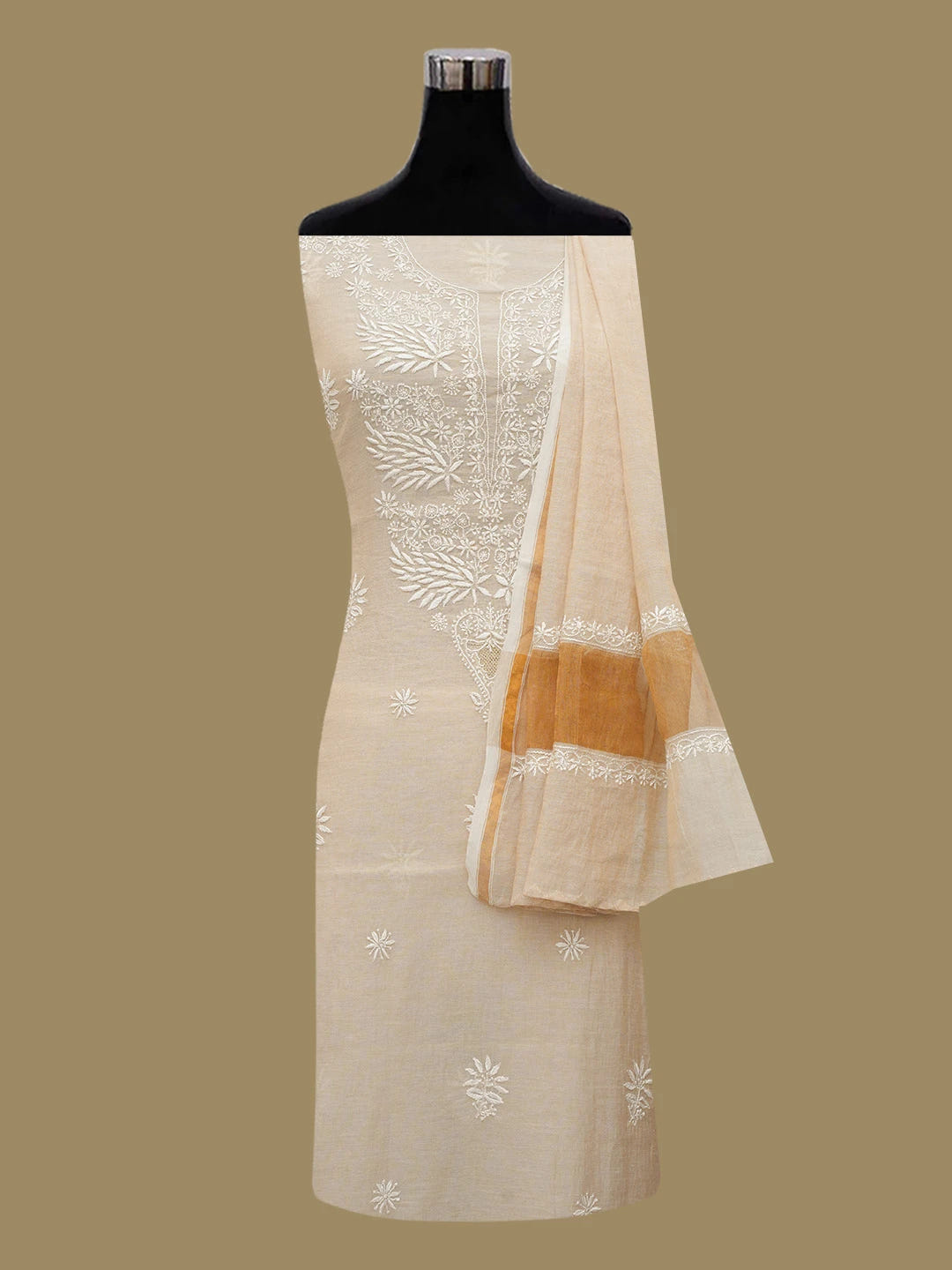 Ada Hand Embroidered Fawn Tissue Lucknowi Chikankari Unstitched Kurta Dupatta Set 01A584636