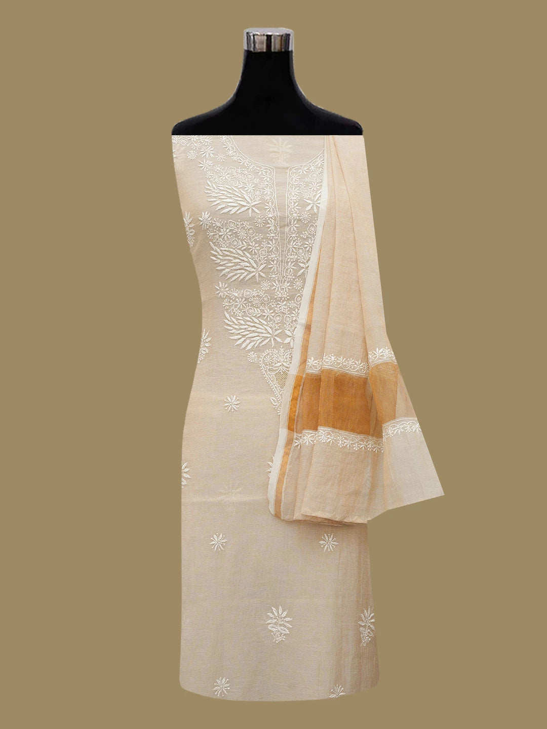 Ada Hand Embroidered Fawn Tissue Lucknowi Chikankari Unstitched Kurta Dupatta Set 01A584636
