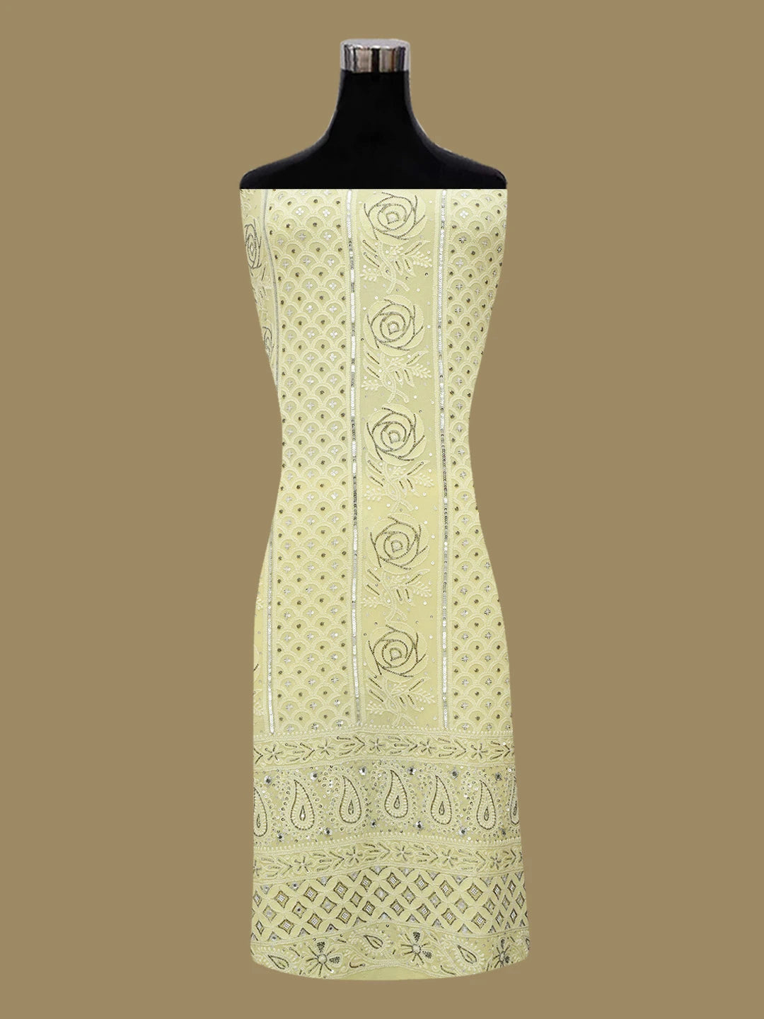 Ada Hand Embroidered Lemon Pure Georgette Lucknowi Chikankari Unstitched Kurta Dupatta Set With Muqaish Work 01A355449