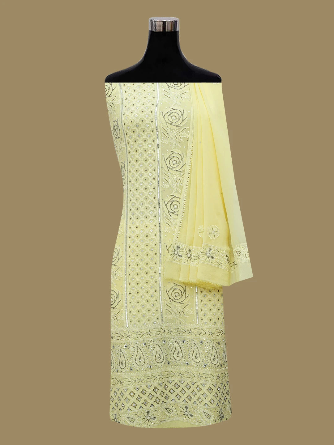Ada Hand Embroidered Lemon Pure Georgette Lucknowi Chikankari Unstitched Kurta Dupatta Set With Muqaish Work 01A355449