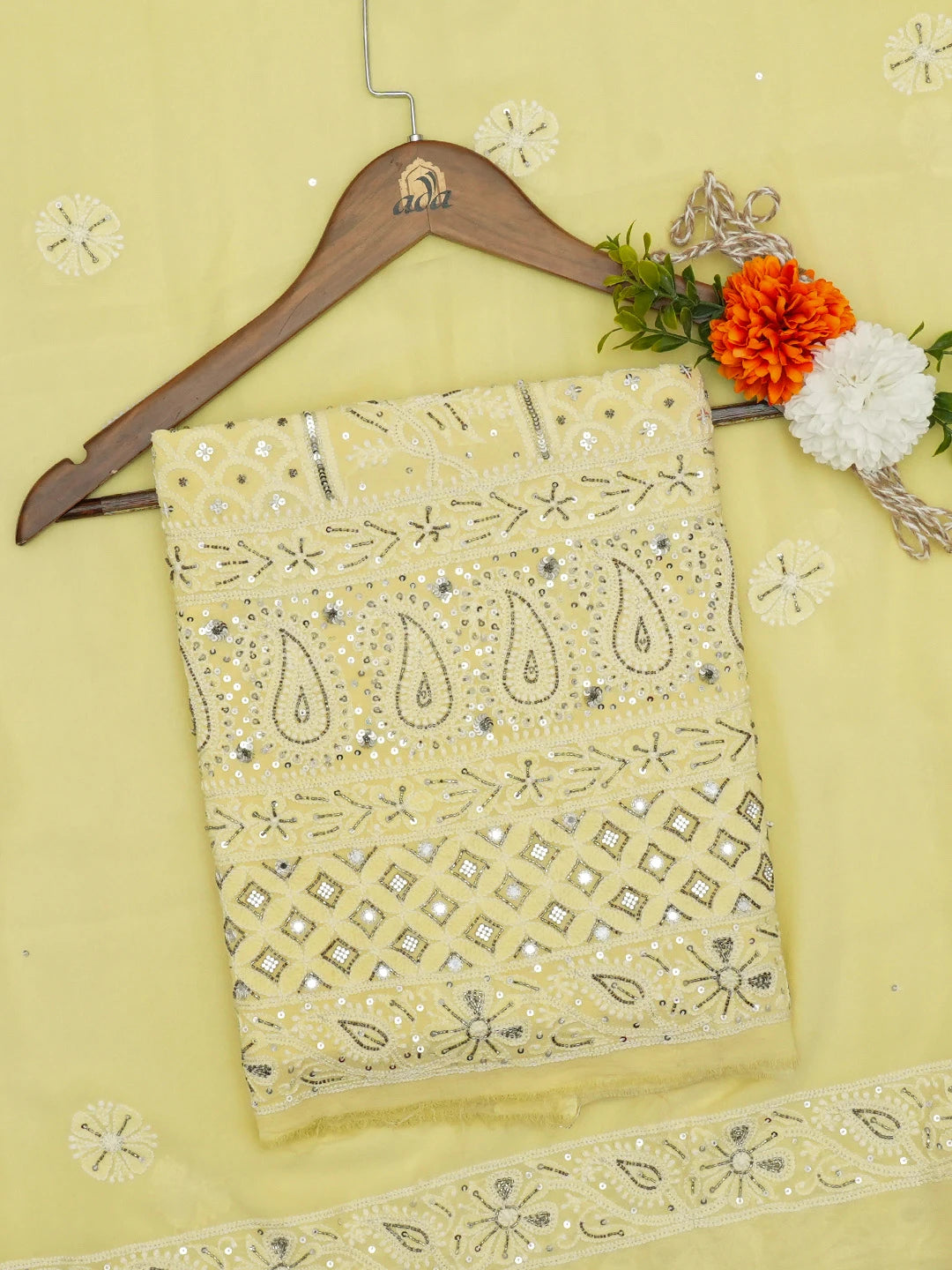 Ada Hand Embroidered Lemon Pure Georgette Lucknowi Chikankari Unstitched Kurta Dupatta Set With Muqaish Work 01A355449