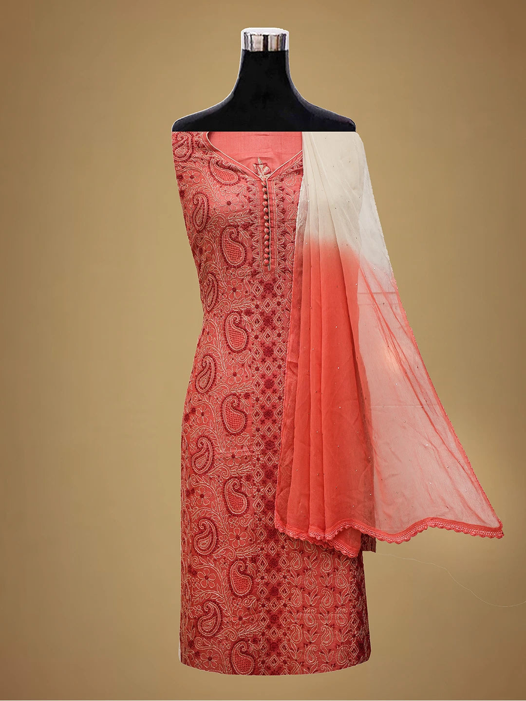 Ada Hand Embroidered Persian Rust Silk Lucknowi Chikankari Unstitched Suit Piece 01A691874