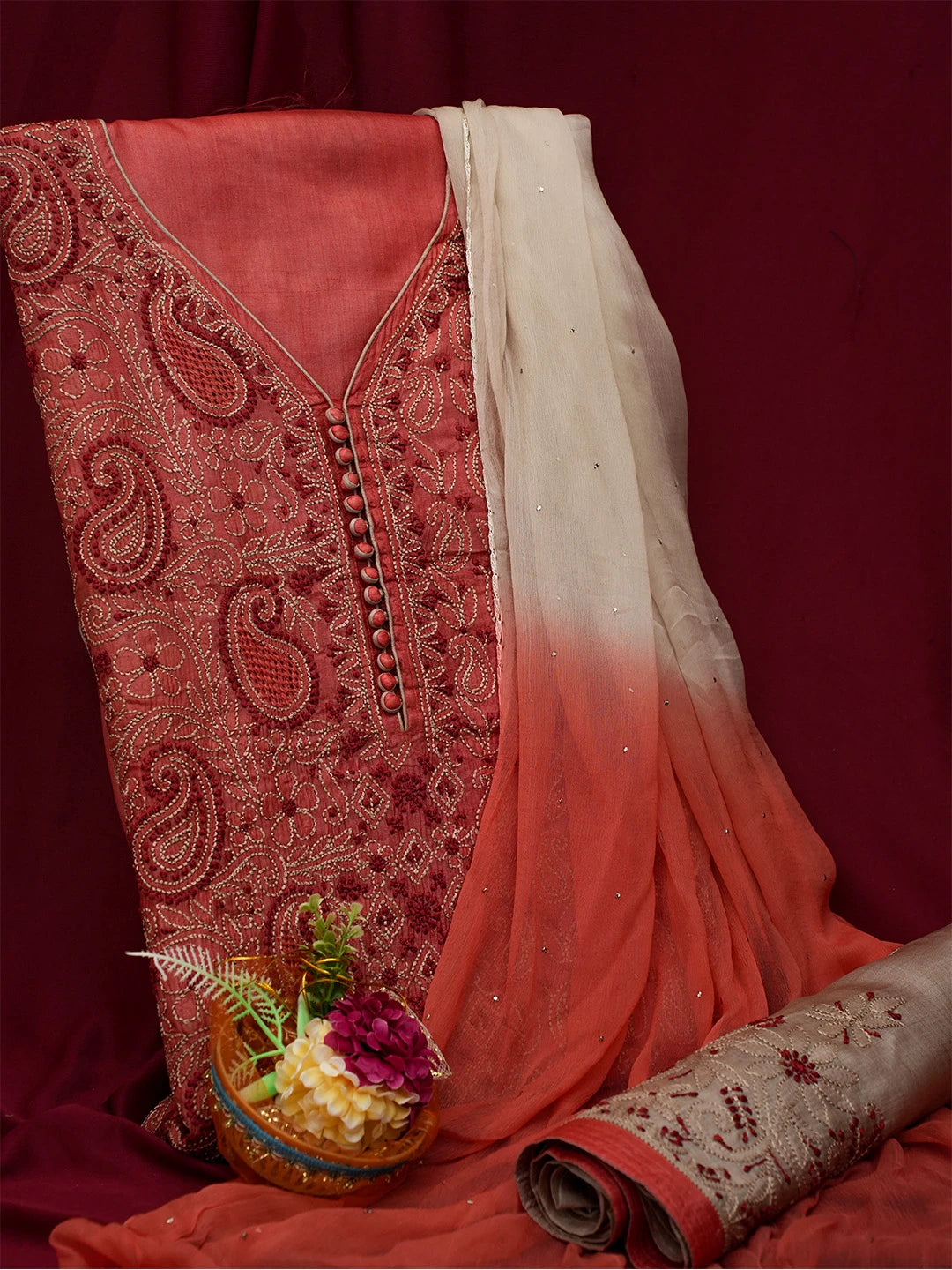 Ada Hand Embroidered Persian Rust Silk Lucknowi Chikankari Unstitched Suit Piece 01A691874