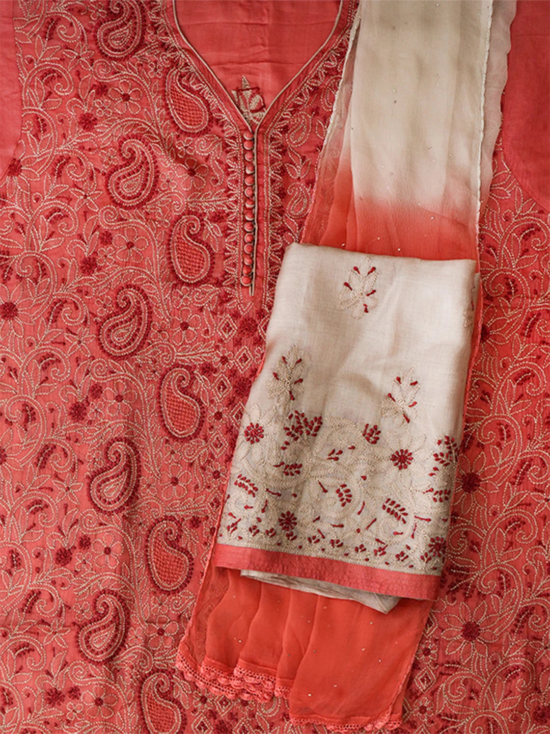 Ada Hand Embroidered Persian Rust Silk Lucknowi Chikankari Unstitched Suit Piece 01A691874