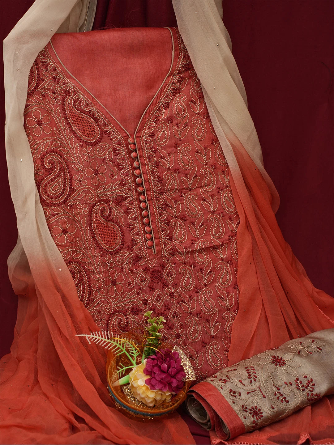 Ada Hand Embroidered Persian Rust Silk Lucknowi Chikankari Unstitched Suit Piece 01A691874