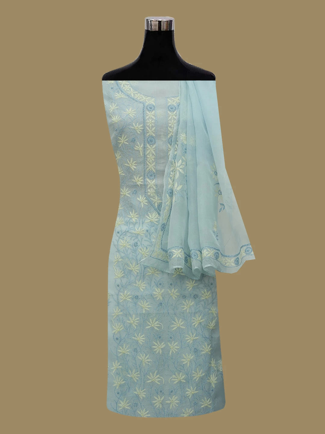 Ada Hand Embroidered Blue Organza Lucknowi Chikankari Unstitched Kurta Dupatta Set With Tepchi Work 01A661151