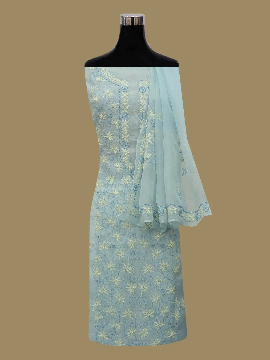 Ada Hand Embroidered Blue Organza Lucknowi Chikankari Unstitched Kurta Dupatta Set With Tepchi Work 01A661151